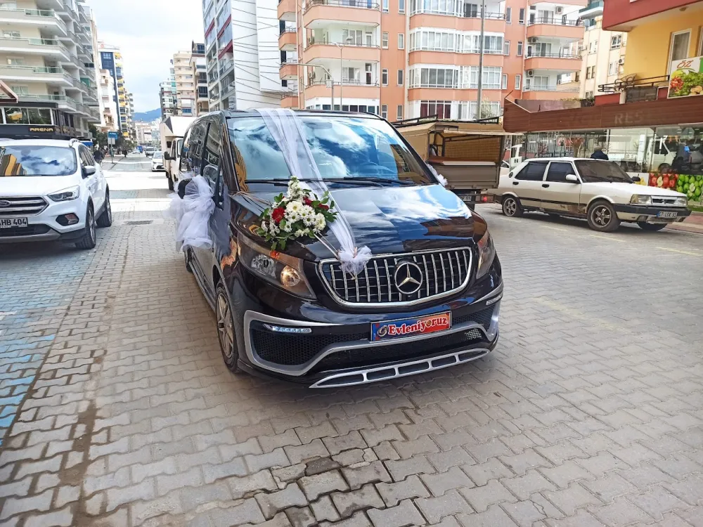  Mercedes VIP minibus decorated for weddings in Izmir - luxury car rental service with driver for special days and organ